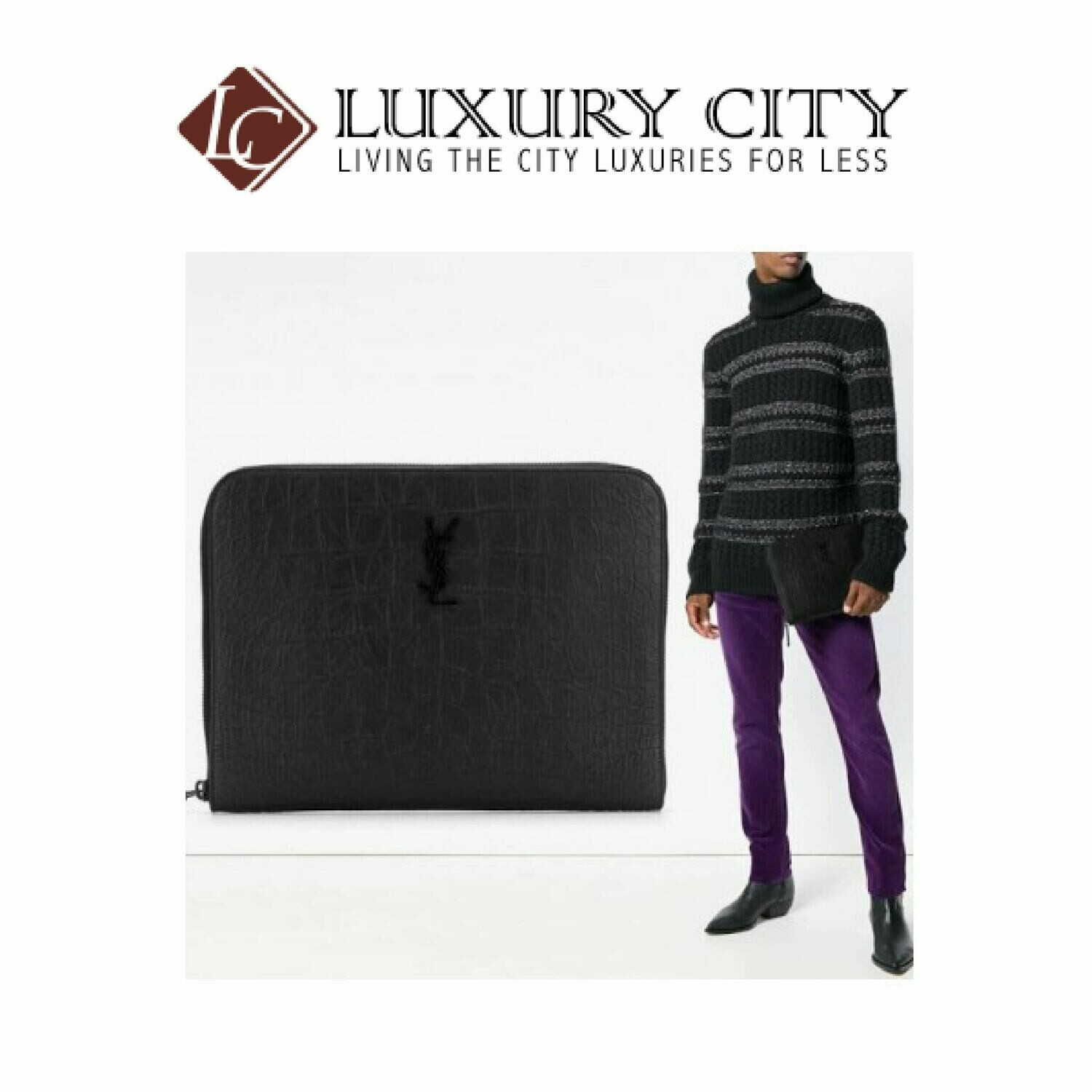 [Luxury City] Saint Laurent Monogram Tablet Holder In Crocodile Embossed Leather Black YSL-529862