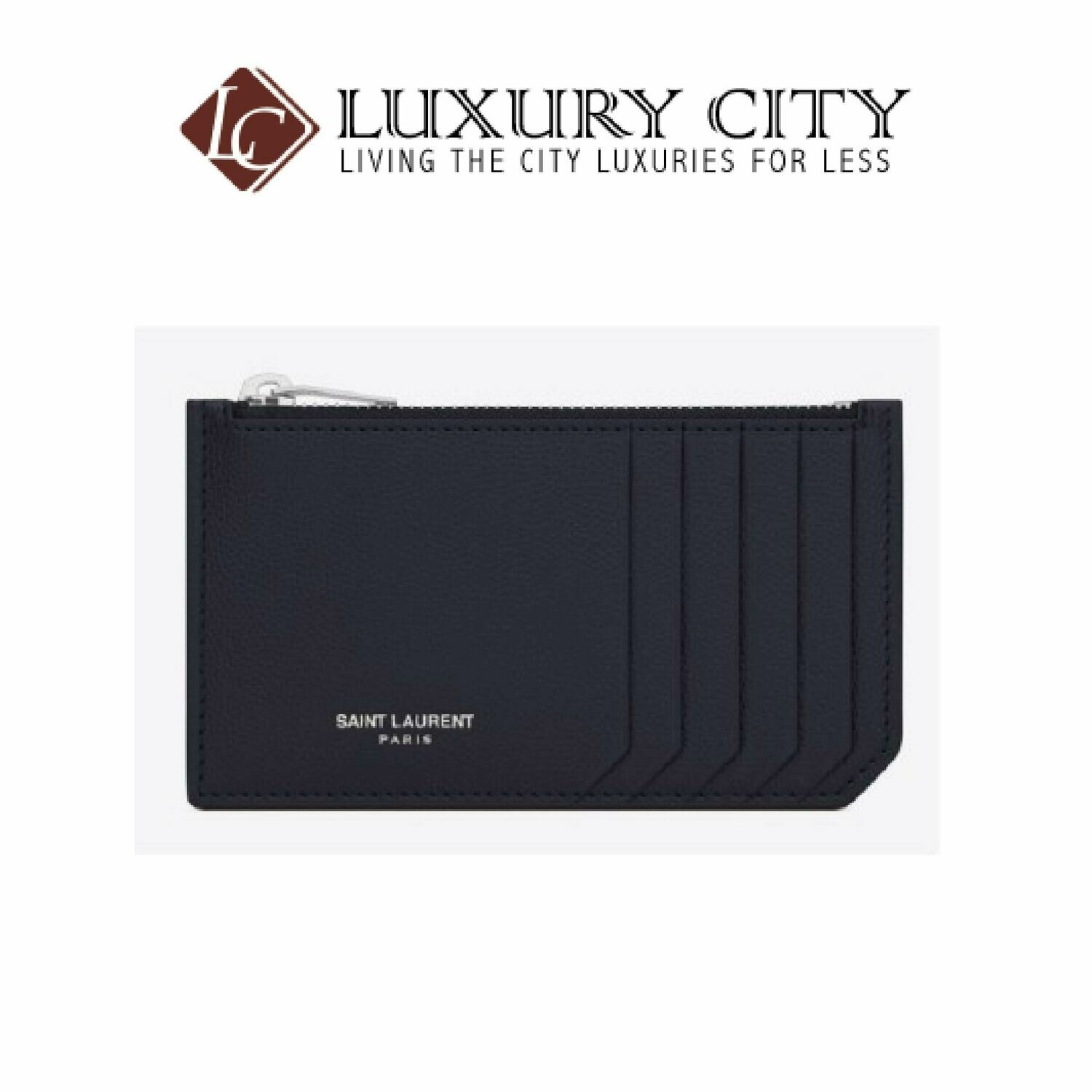 [Luxury City] Saint Laurent Fragment Card Case In Grain De Poudre Embossed Leather YSL-458589 Navy Blue