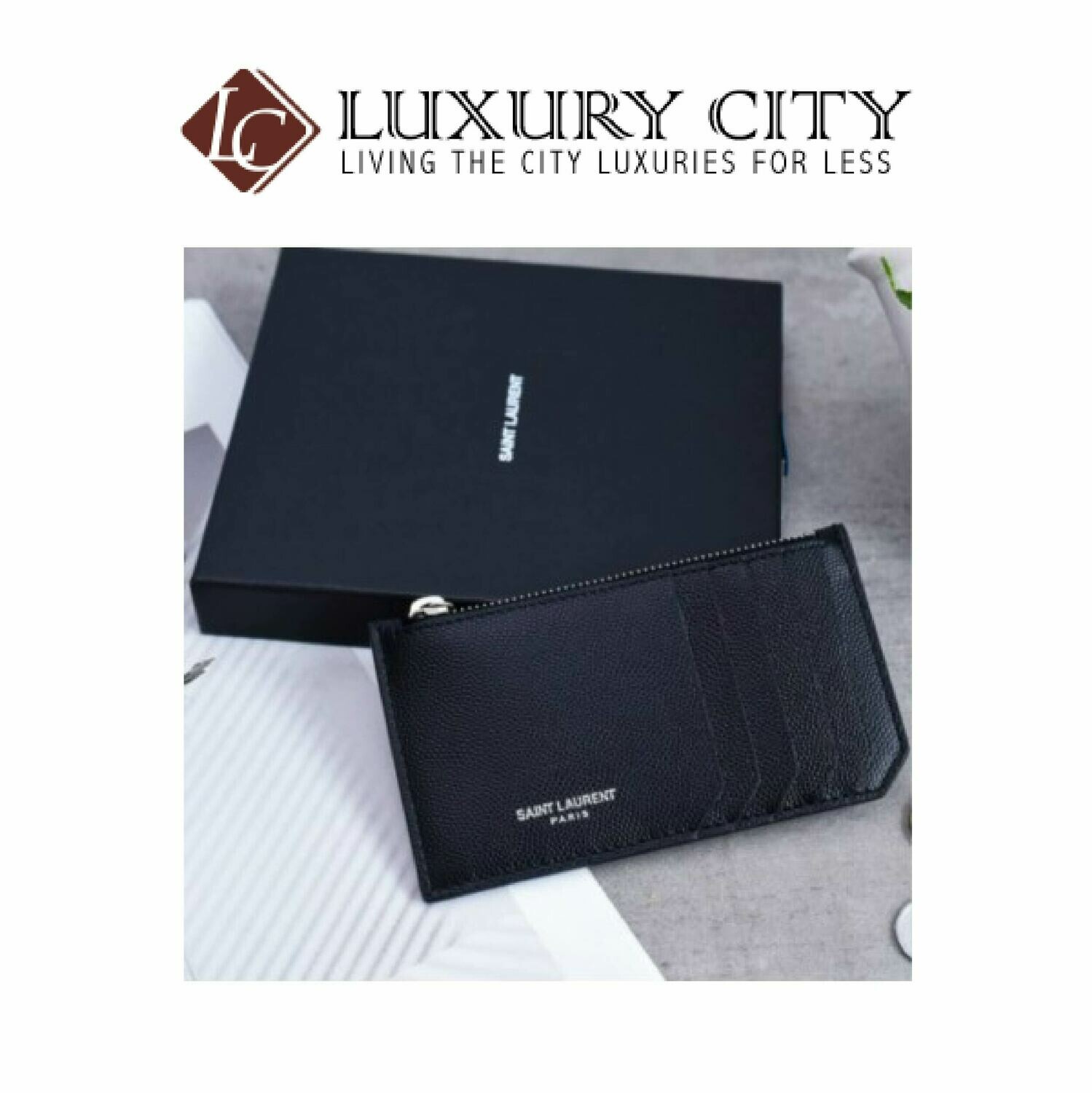 [Luxury City] Saint Laurent Fragment Card Case In Grain De Poudre Embossed Leather YSL-458589 Navy Blue