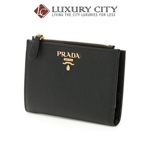[Luxury City] Prada Calfskin Street Style Plain Folding Wallets Black Prada-1ML037