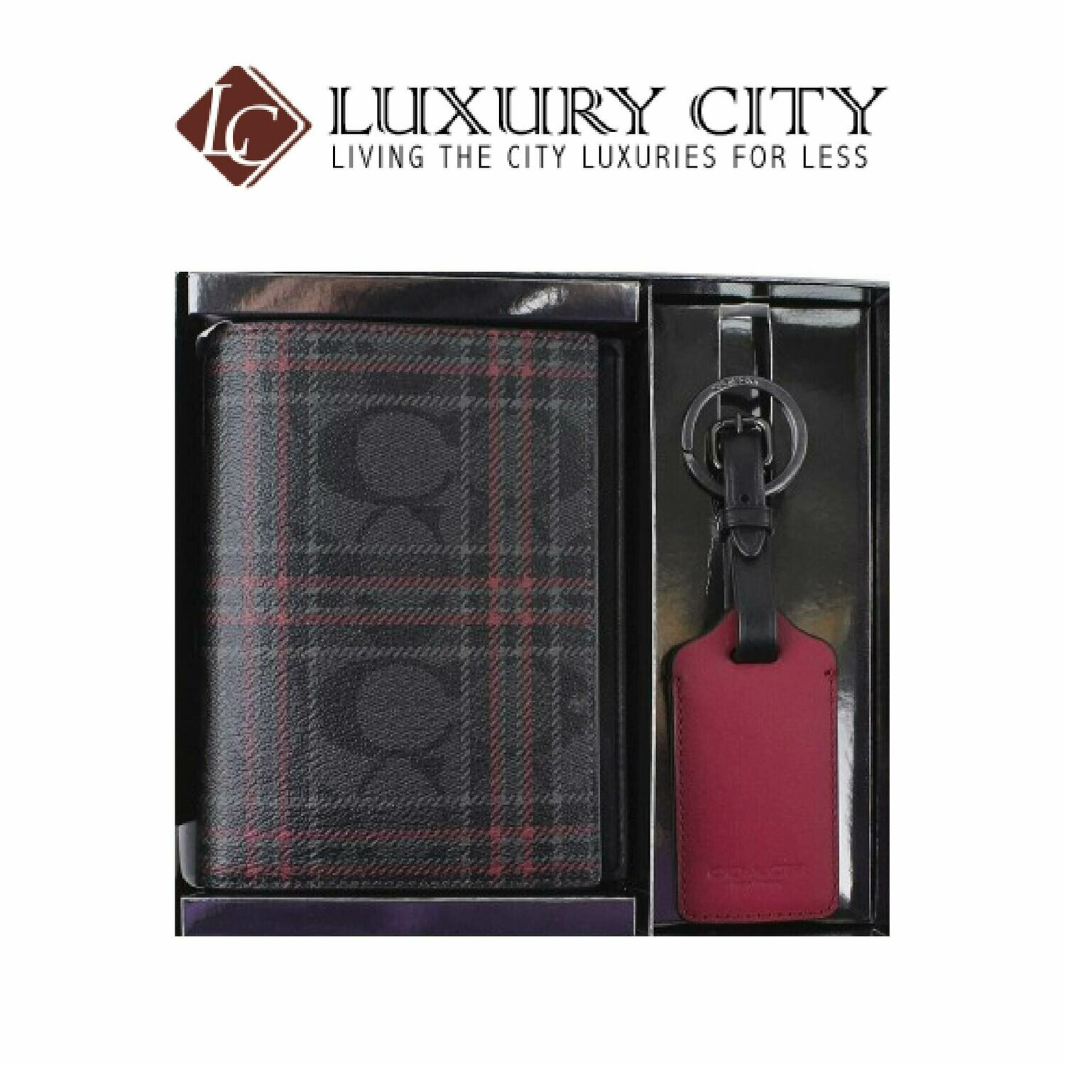 [Luxury City] Coach Boxed Passport Case and Luggage Tag Gift Set in Signature Canvas With Shirting Plaid Print Coach-F79842