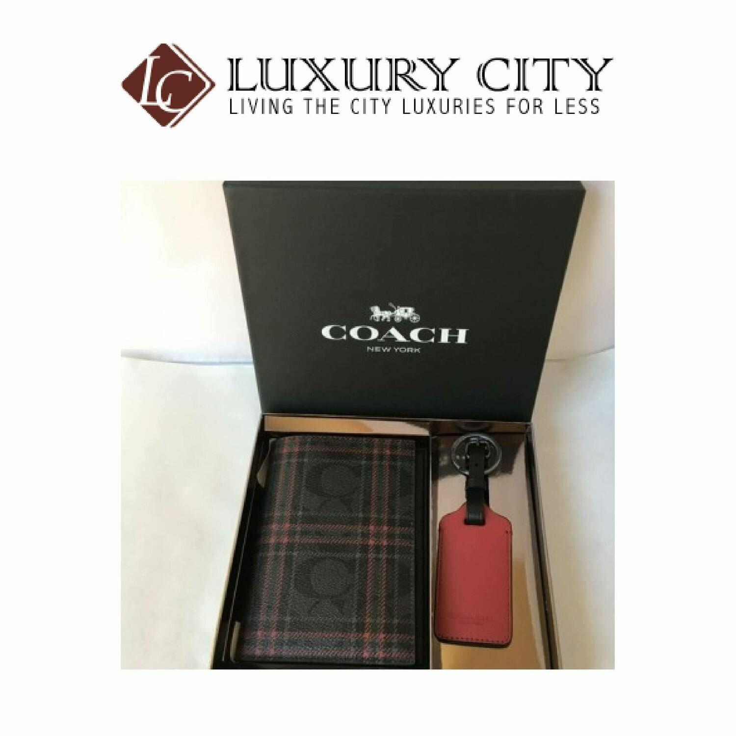 [Luxury City] Coach Boxed Passport Case and Luggage Tag Gift Set in Signature Canvas With Shirting Plaid Print Coach-F79842