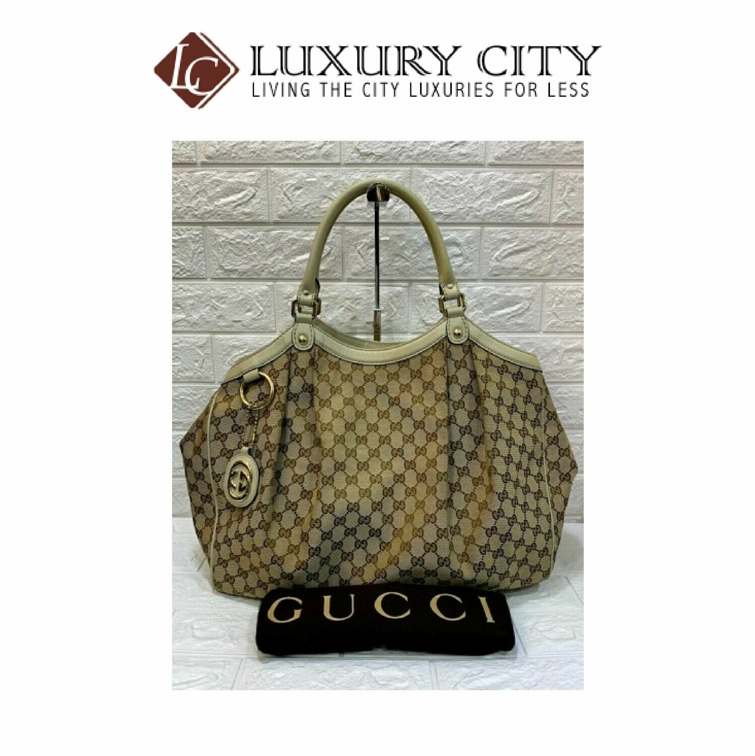 [Luxury City] Preloved Authentic Gucci GG Canvas Leather Trim Tote Bag