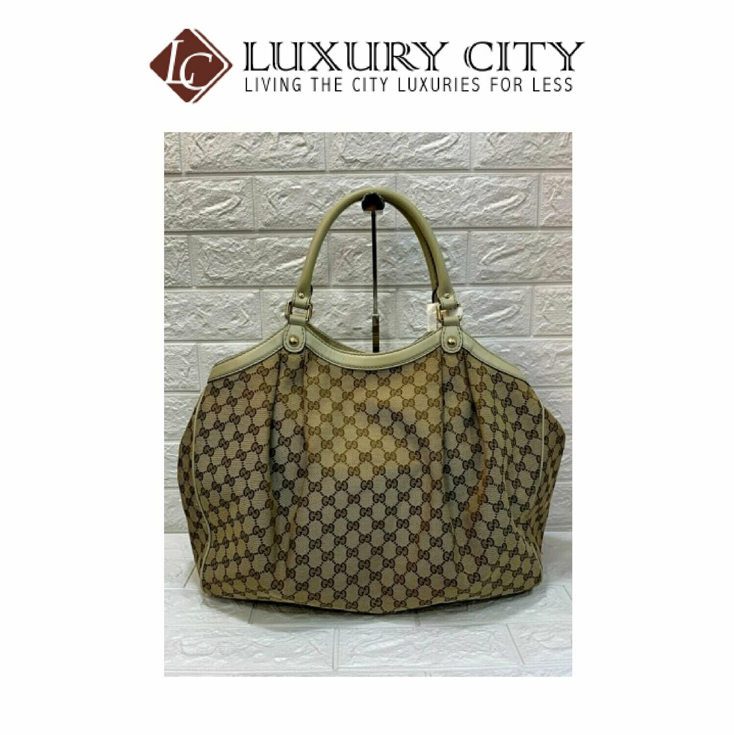 [Luxury City] Preloved Authentic Gucci GG Canvas Leather Trim Tote Bag