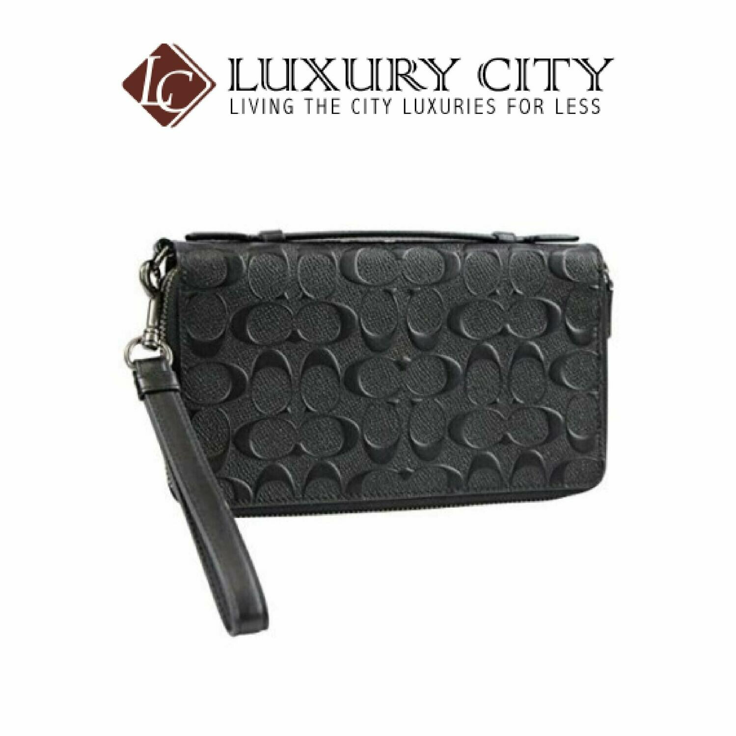 [Luxury City] Coach Double Zip Travel Organizer Wallet Billfold Clutch in Signature Embossed Leather Black Coach-F67637