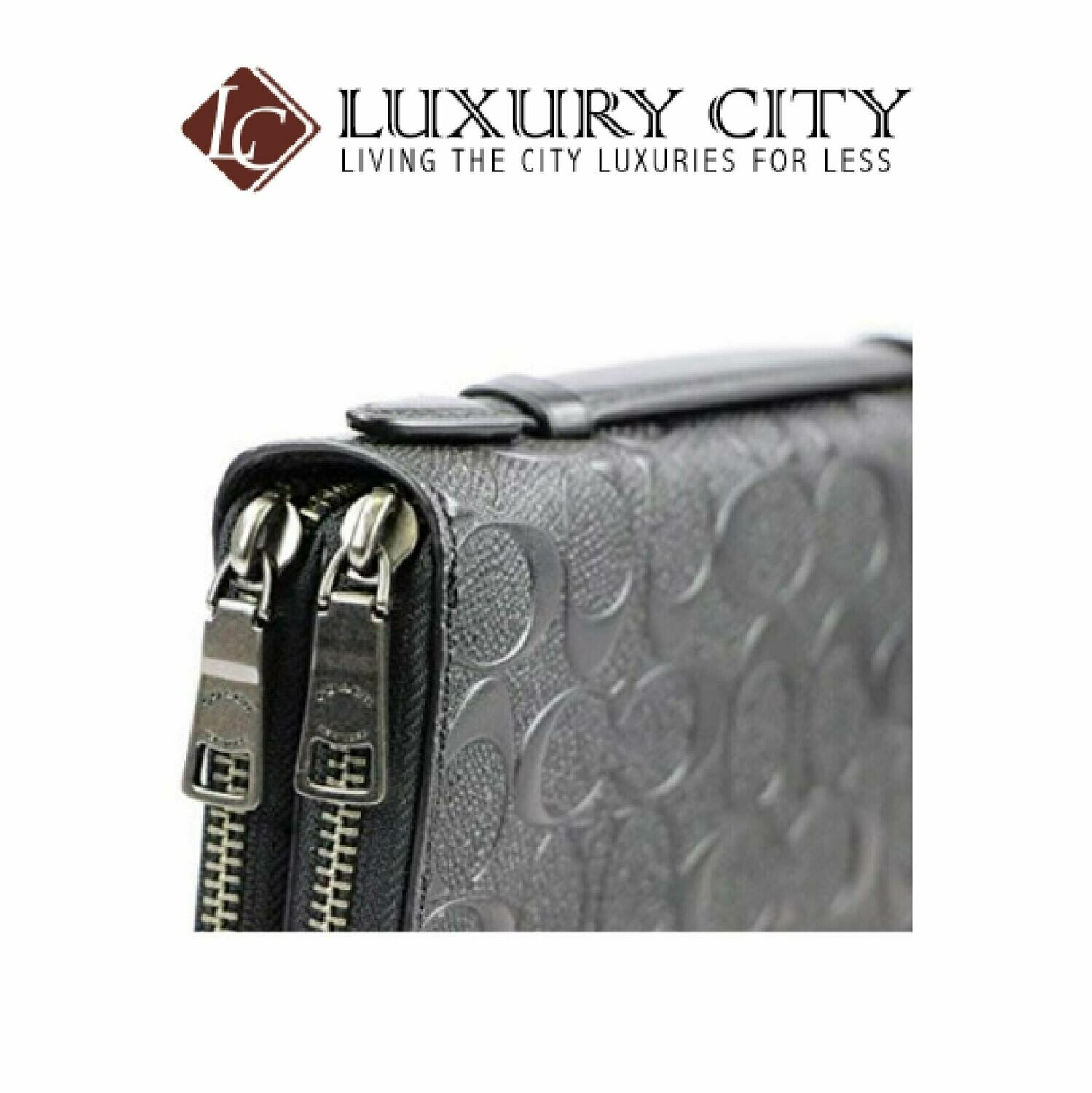[Luxury City] Coach Double Zip Travel Organizer Wallet Billfold Clutch in Signature Embossed Leather Black Coach-F67637