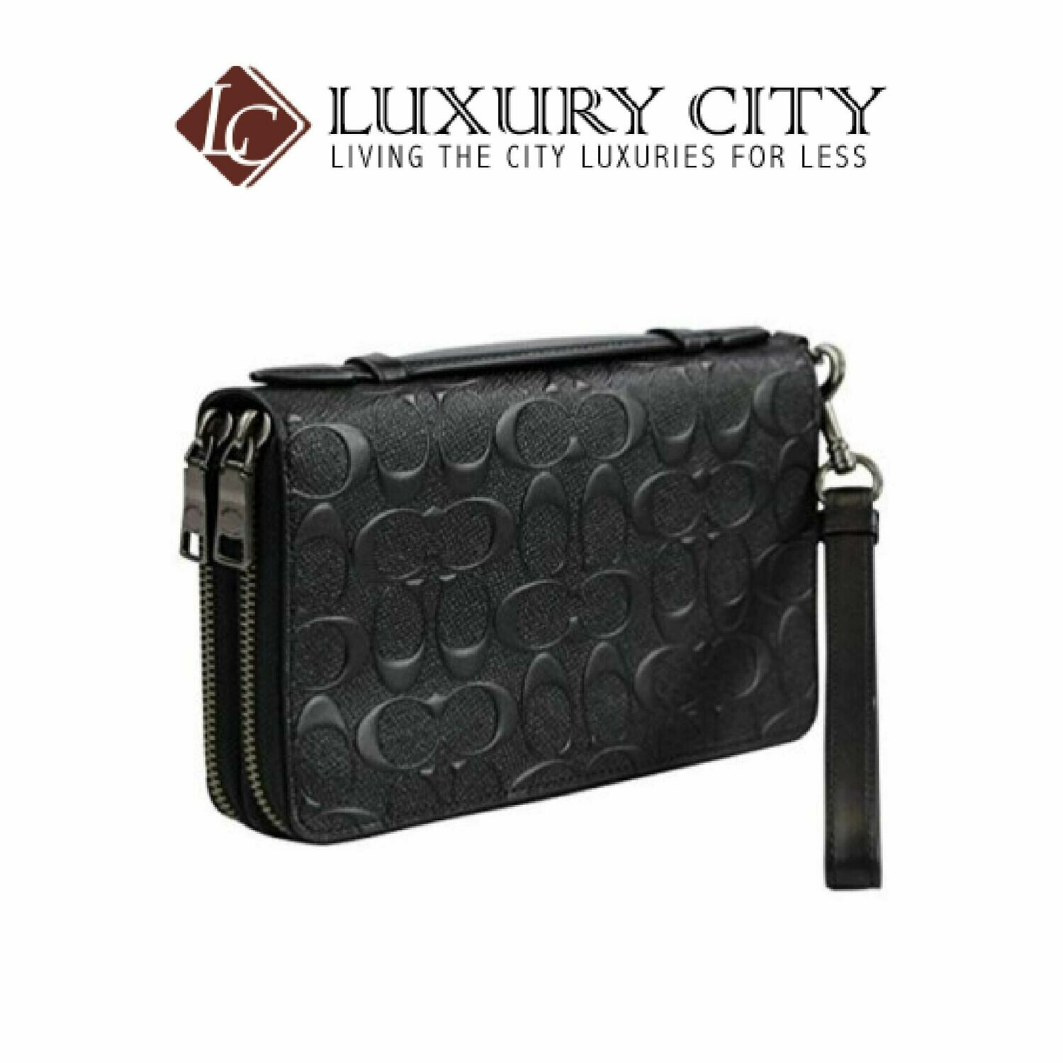 [Luxury City] Coach Double Zip Travel Organizer Wallet Billfold Clutch in Signature Embossed Leather Black Coach-F67637