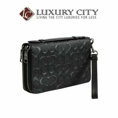 [Luxury City] Coach Double Zip Travel Organizer Wallet Billfold Clutch in Signature Embossed Leather Black Coach-F67637