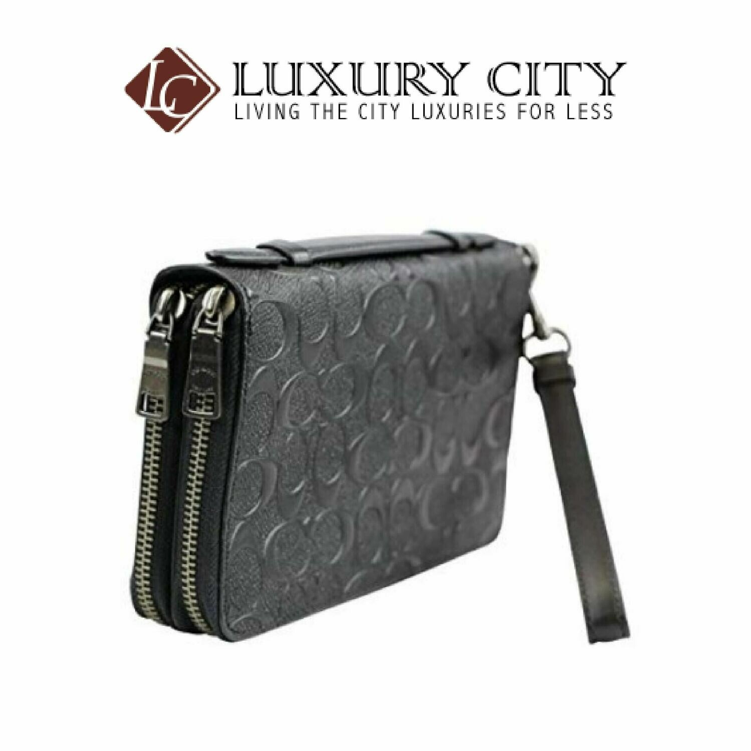 [Luxury City] Coach Double Zip Travel Organizer Wallet Billfold Clutch in Signature Embossed Leather Black Coach-F67637