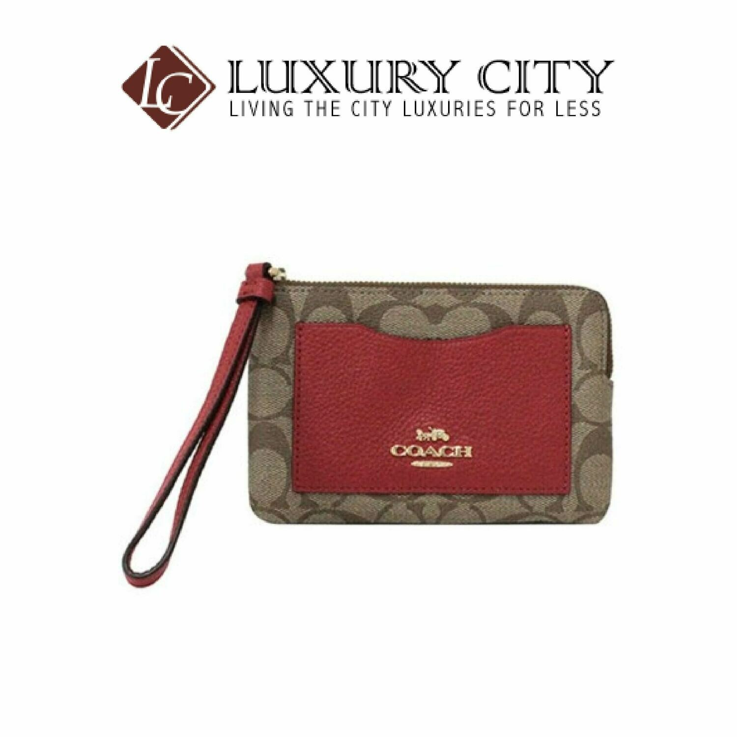 [Luxury City] Coach Corner Zip Wristlet in Colorblock Signature Canvas Red Coach-F73142