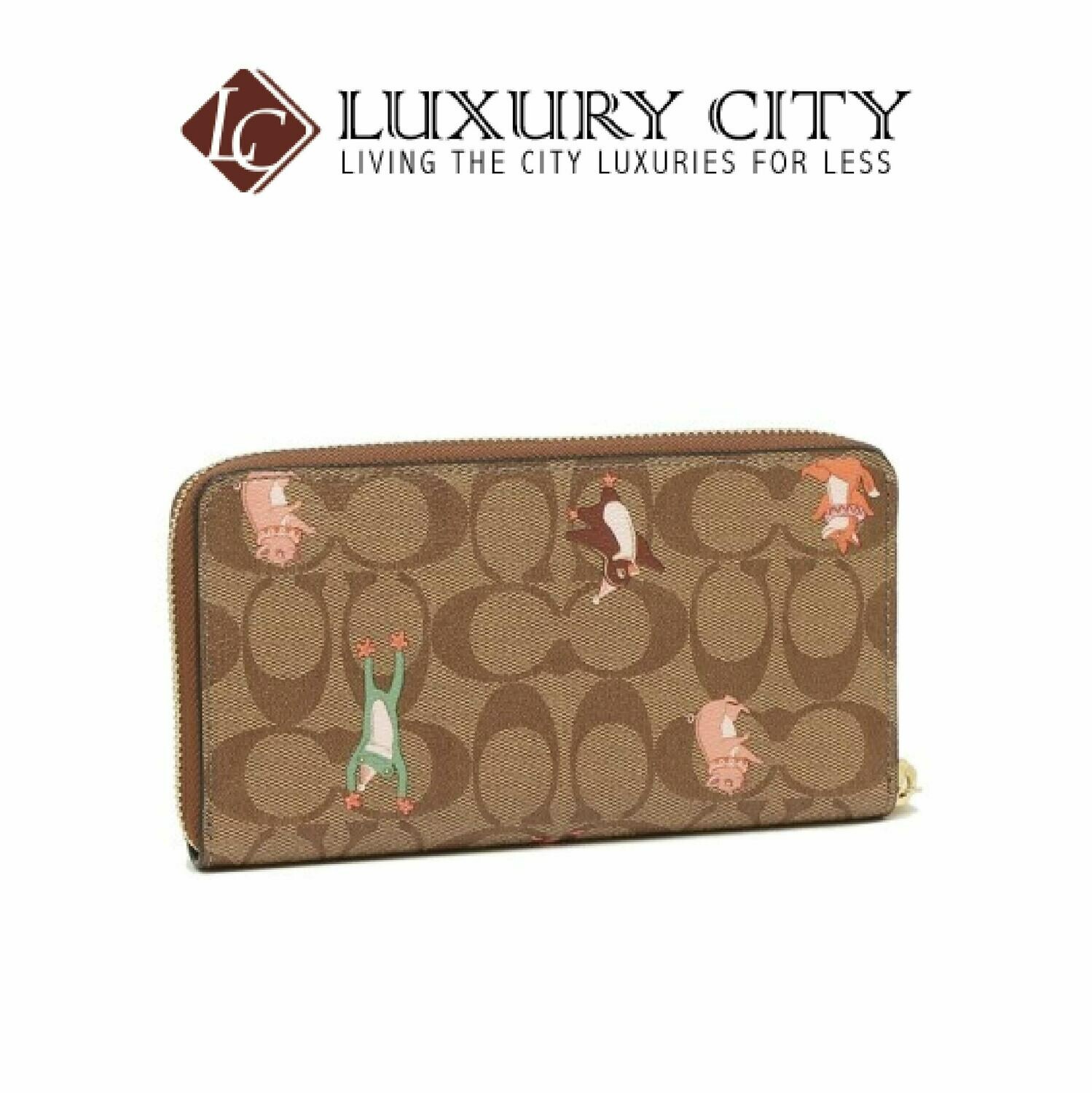 [Luxury City] Coach Accordion Zip Wallet in Signature Canvas With Party Animals Print Brown/Sand Coach-F87885