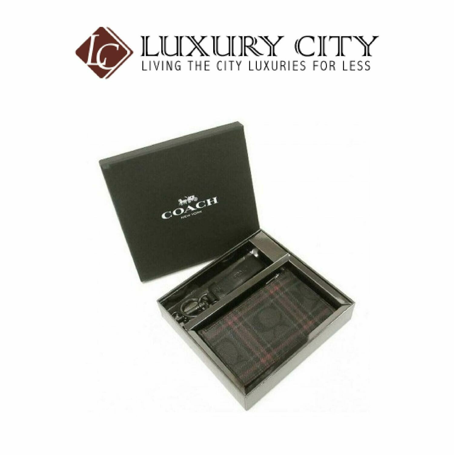 [Luxury City] Coach Boxed Plaid Black Red Zip Coated Canvas Valet Keyfob Gift Set Coach-F84884