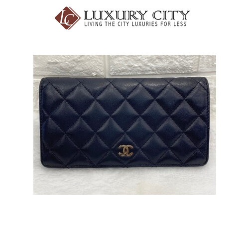 [Luxury City] Preloved Chanel Navy Blue Calf Leather Bifold Long Wallet