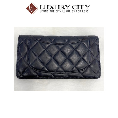 [Luxury City] Preloved Chanel Navy Blue Calf Leather Bifold Long Wallet
