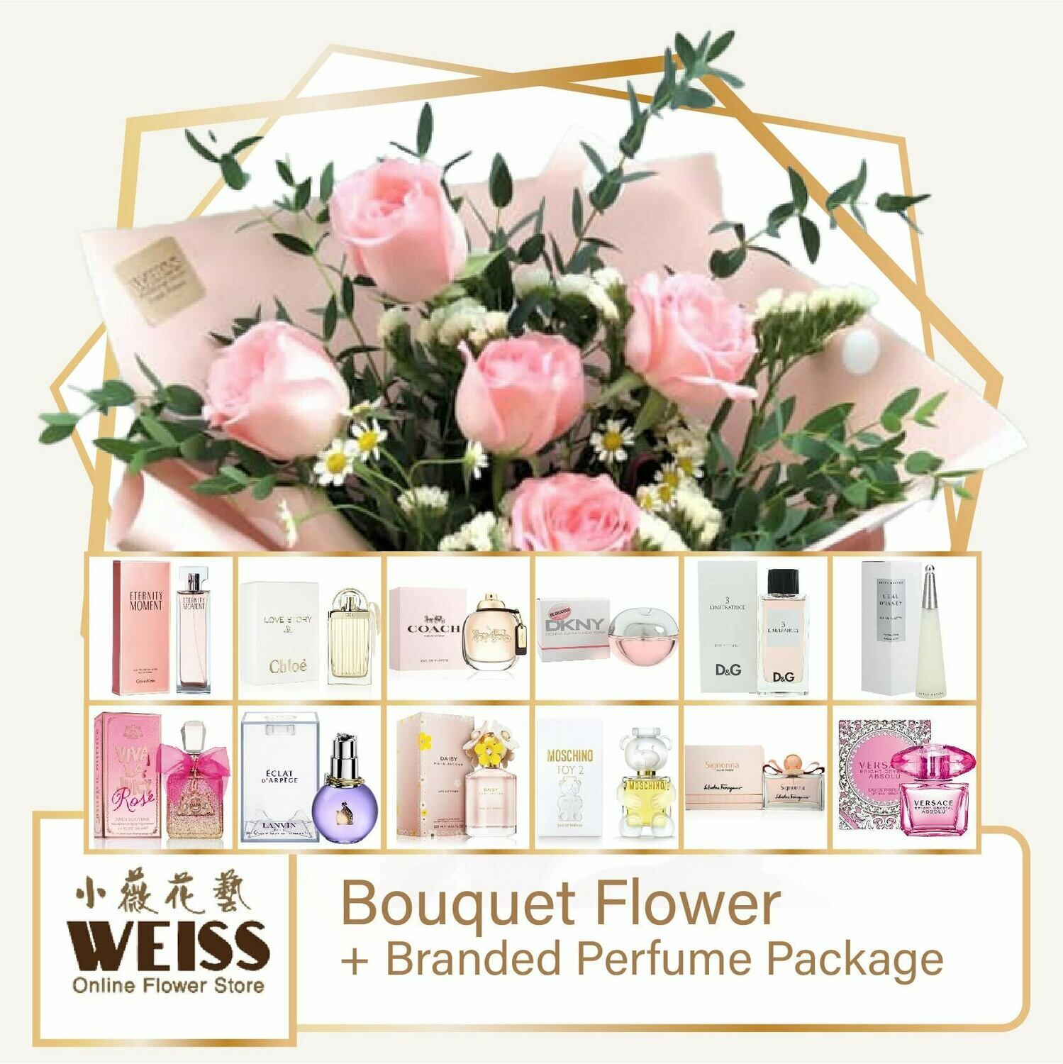 Weiss Florist 5 stalks Pink Roses + Branded Perfume Package (Free Shipping! Only deliver in JB)