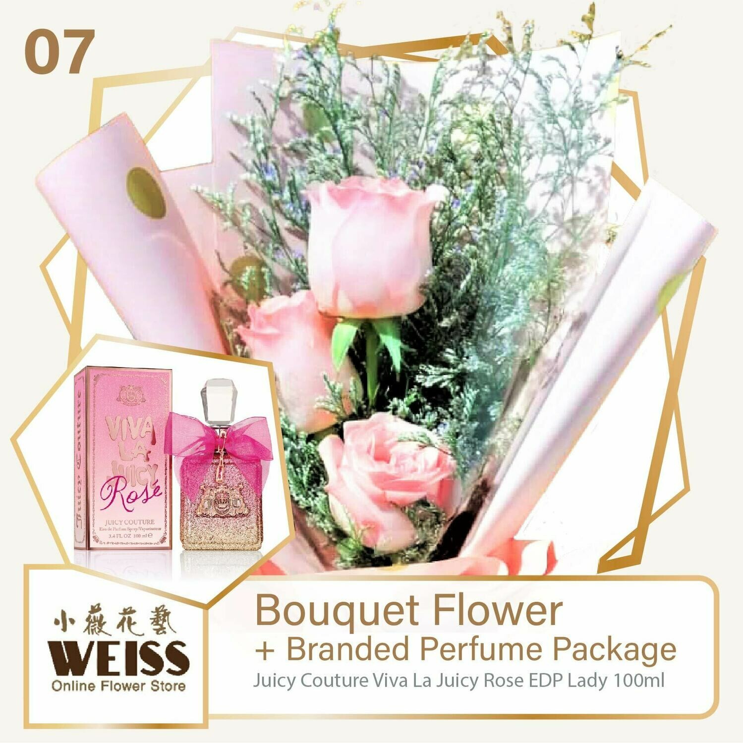 Weiss Florist 3 stalks Pink Roses  + Branded Perfume Package (Free Shipping! Only deliver in JB)