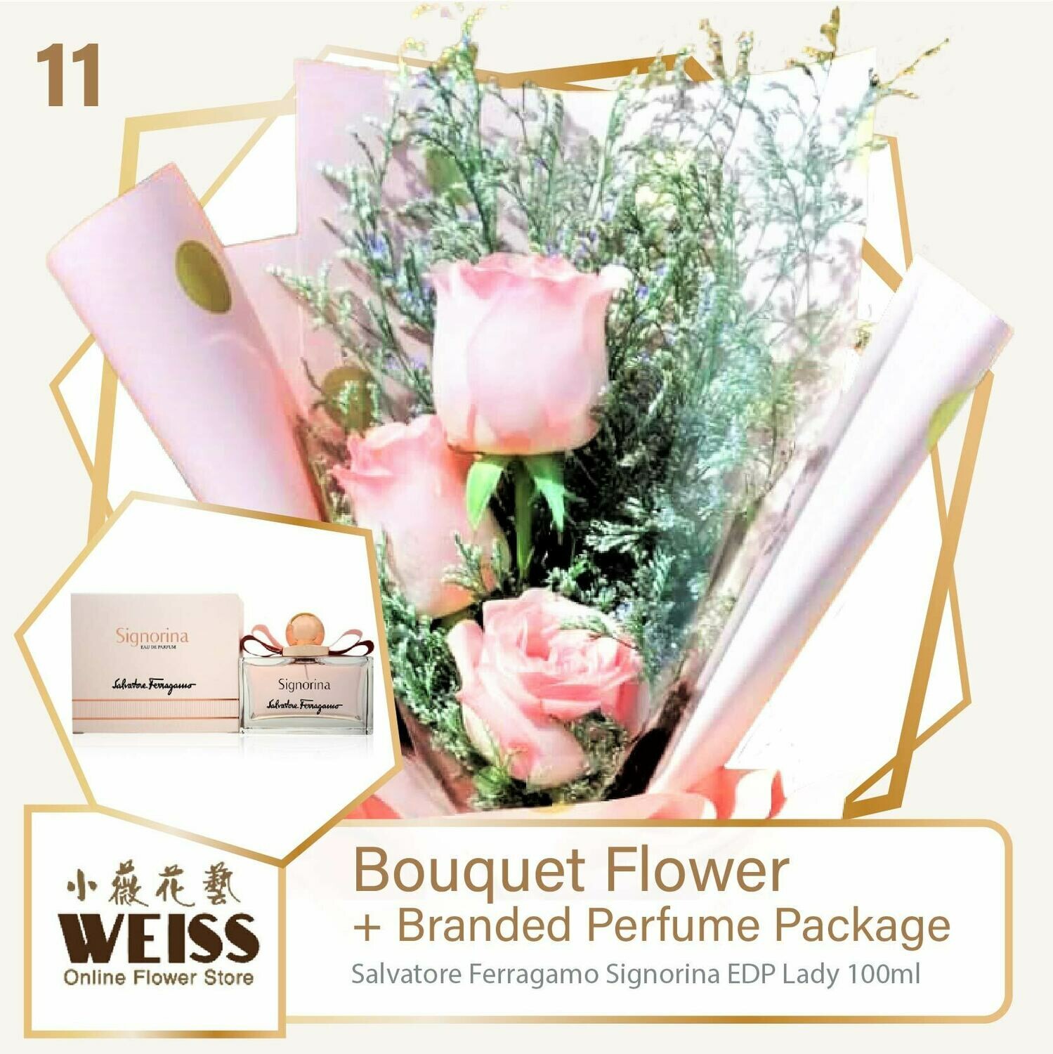 Weiss Florist 3 stalks Pink Roses  + Branded Perfume Package (Free Shipping! Only deliver in JB)