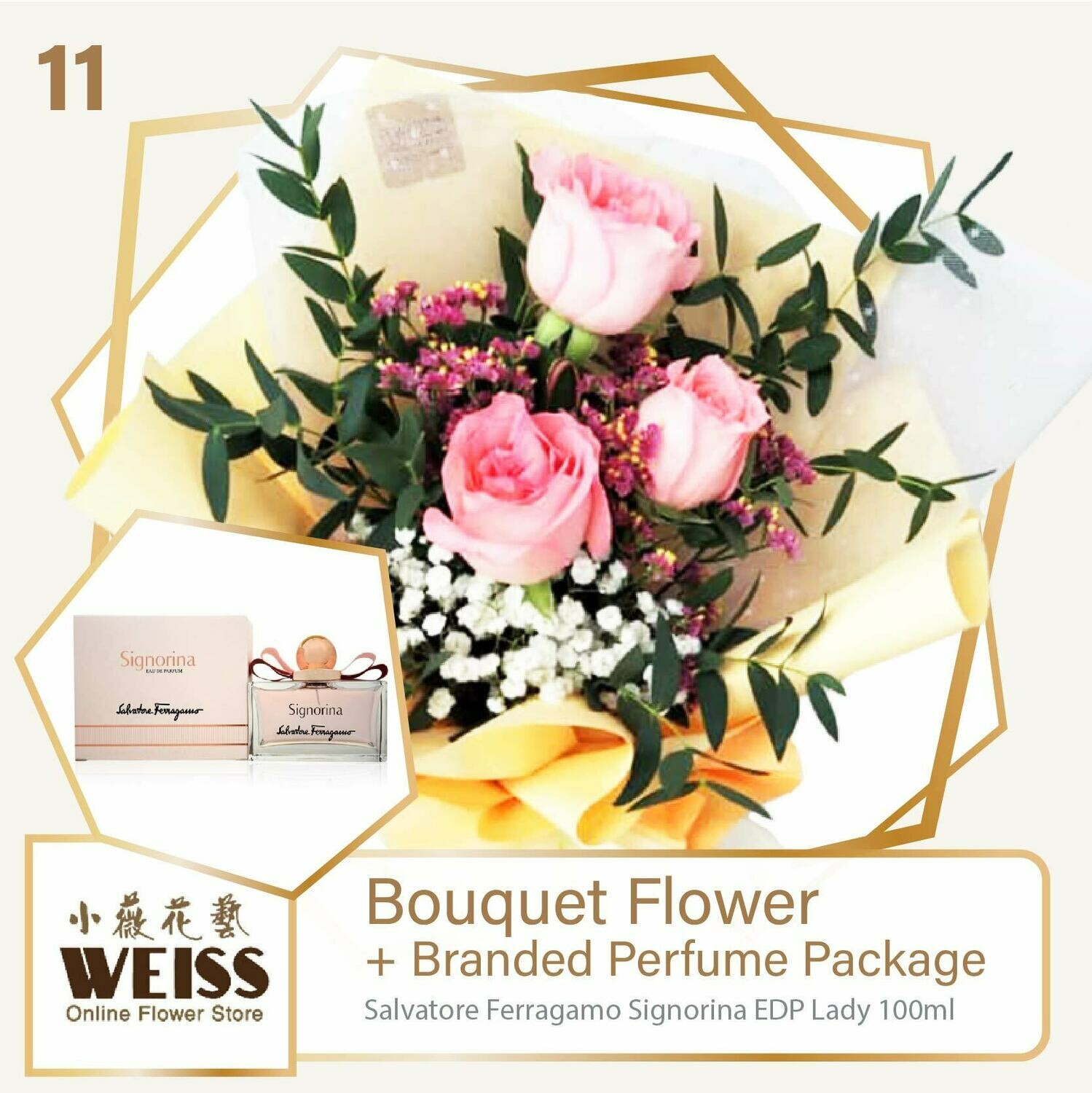 Weiss Florist 3 stalks Pink Roses  + Branded Perfume Package (Free Shipping! Only deliver in JB)