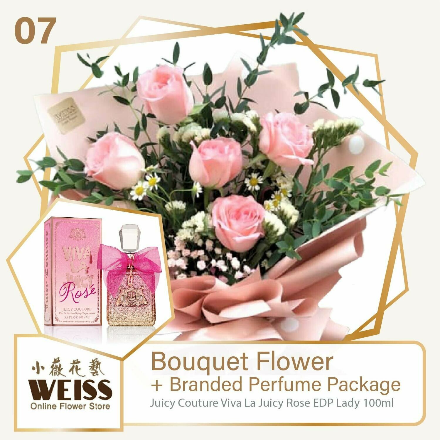 Weiss Florist 5 stalks Pink Roses + Branded Perfume Package (Free Shipping! Only deliver in JB)