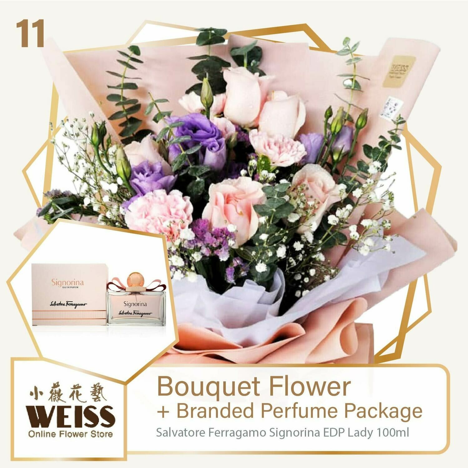 Weiss Florist 9 stalks Pink Carnation Mixed Roses + Branded Perfume Package (Free Shipping! Only deliver in JB)