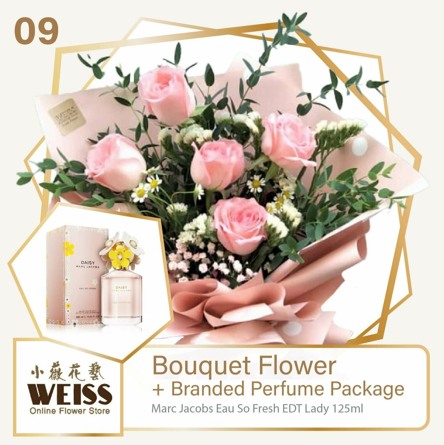 Weiss Florist 5 stalks Pink Roses + Branded Perfume Package (Free Shipping! Only deliver in JB)