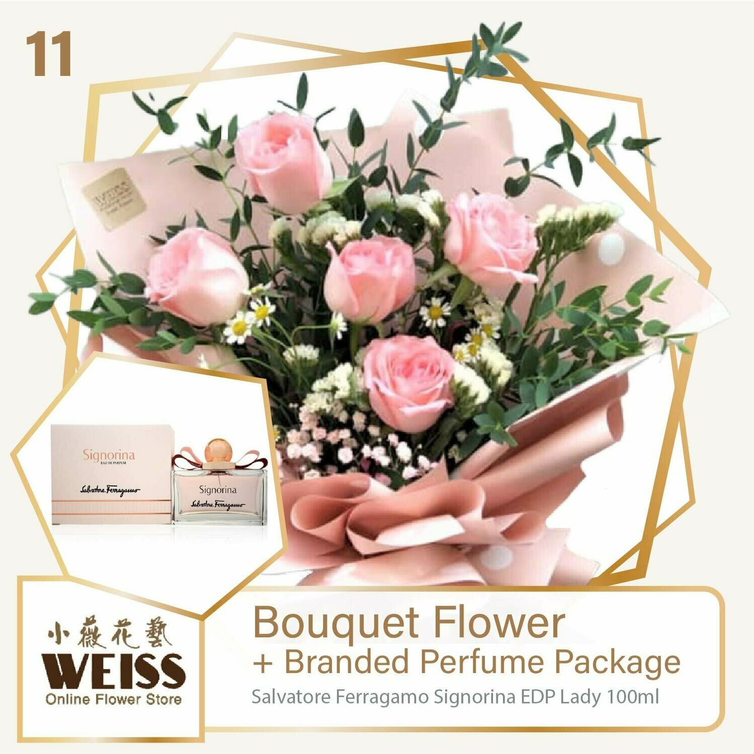 Weiss Florist 5 stalks Pink Roses + Branded Perfume Package (Free Shipping! Only deliver in JB)