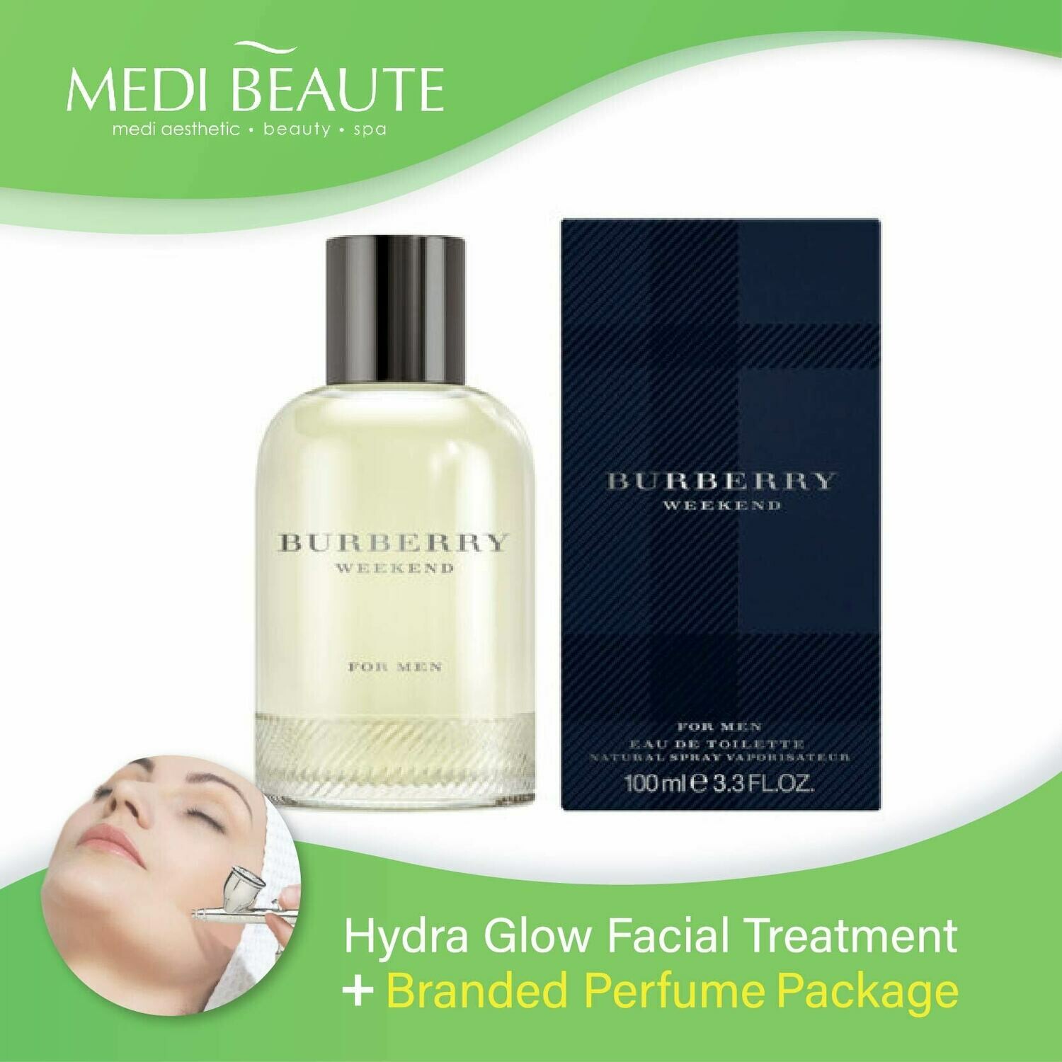Medi Beaute Hydra Glow Facial + Branded Perfume ( Burberry Weekend Men EDT 100ml) Package