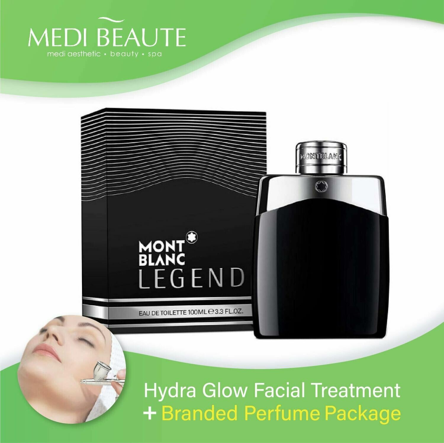 Medi Beaute Hydra Glow Facial + Branded Perfume ( Mont Blanc Legend EDT Men 100ml ) Package