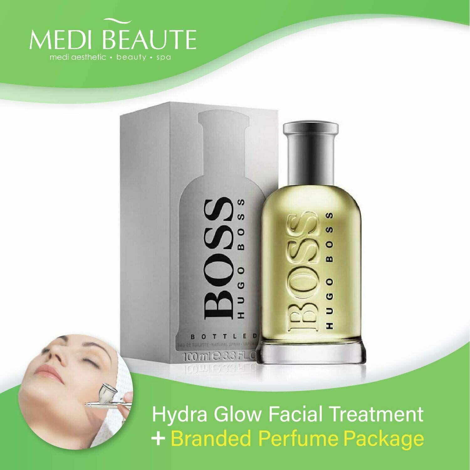 Medi Beaute Hydra Glow Facial + Branded Perfume ( Hugo Boss Bottled No.6 EDT Men 100ml) Package