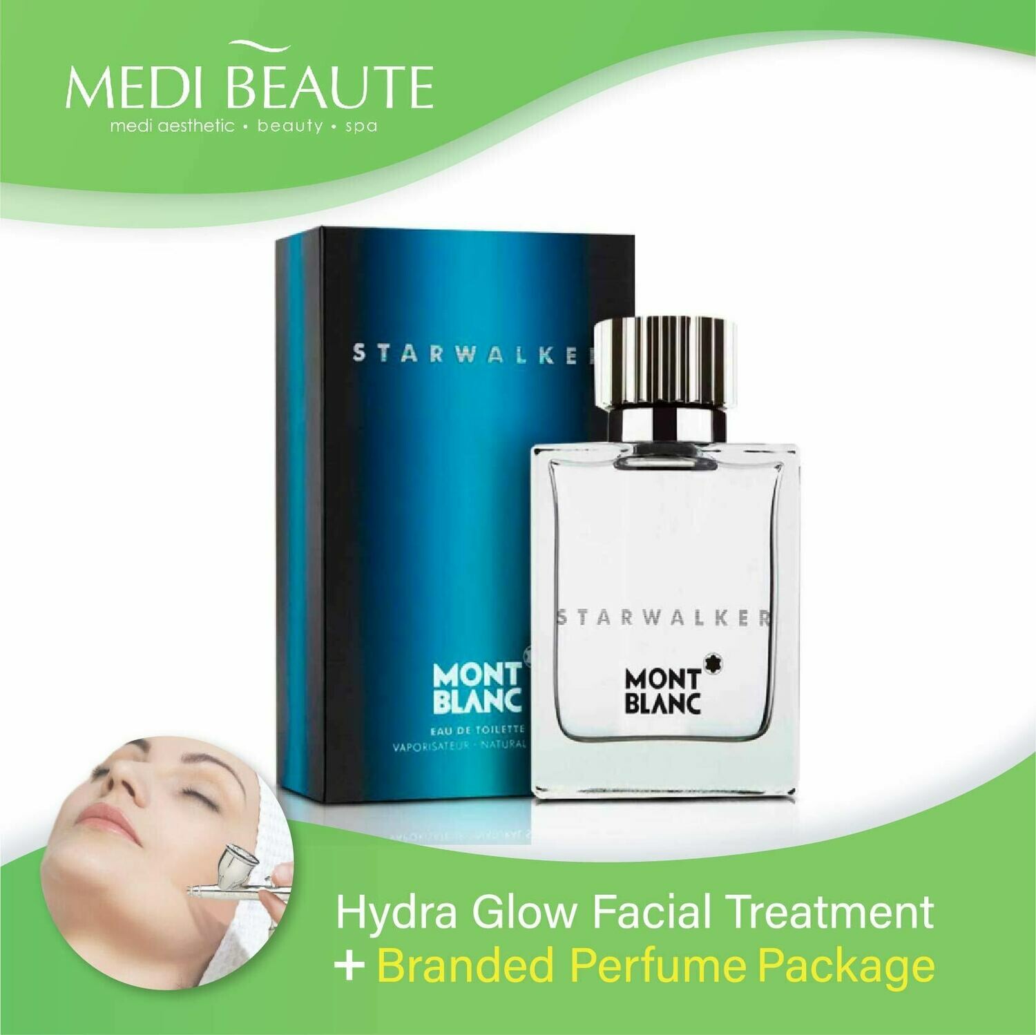 Medi Beaute Hydra Glow Facial + Branded Perfume ( Mont Blanc Starwalker EDT Men 75ml ) Package