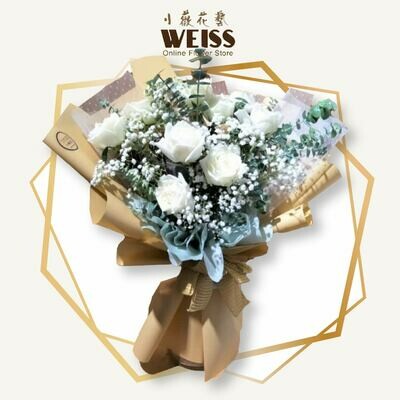 Weiss Florist 9stk white roses mixed baby breath (Free Shipping! Only deliver in JB)