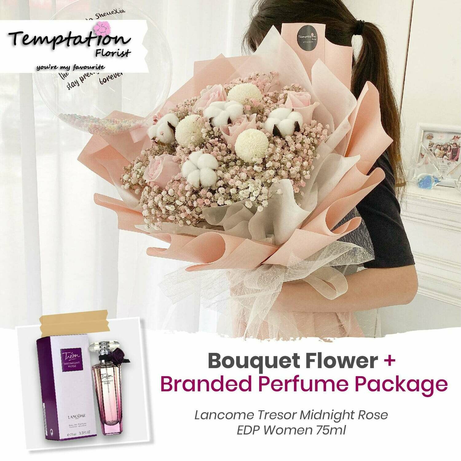 Temptation Florist Snowie Bouquet+ Branded Perfume Package (Free Shipping! Only Deliver in Seremban)