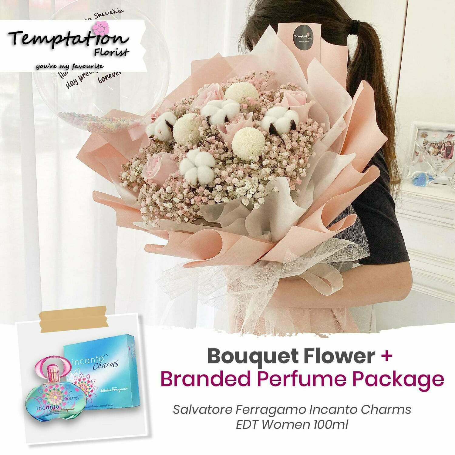 Temptation Florist Snowie Bouquet+ Branded Perfume Package (Free Shipping! Only Deliver in Seremban)