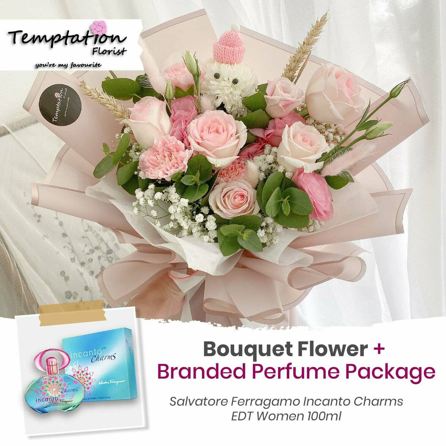 Temptation Florist Katie Bouquet + Branded Perfume Package (Free Shipping! Only Deliver in Seremban)