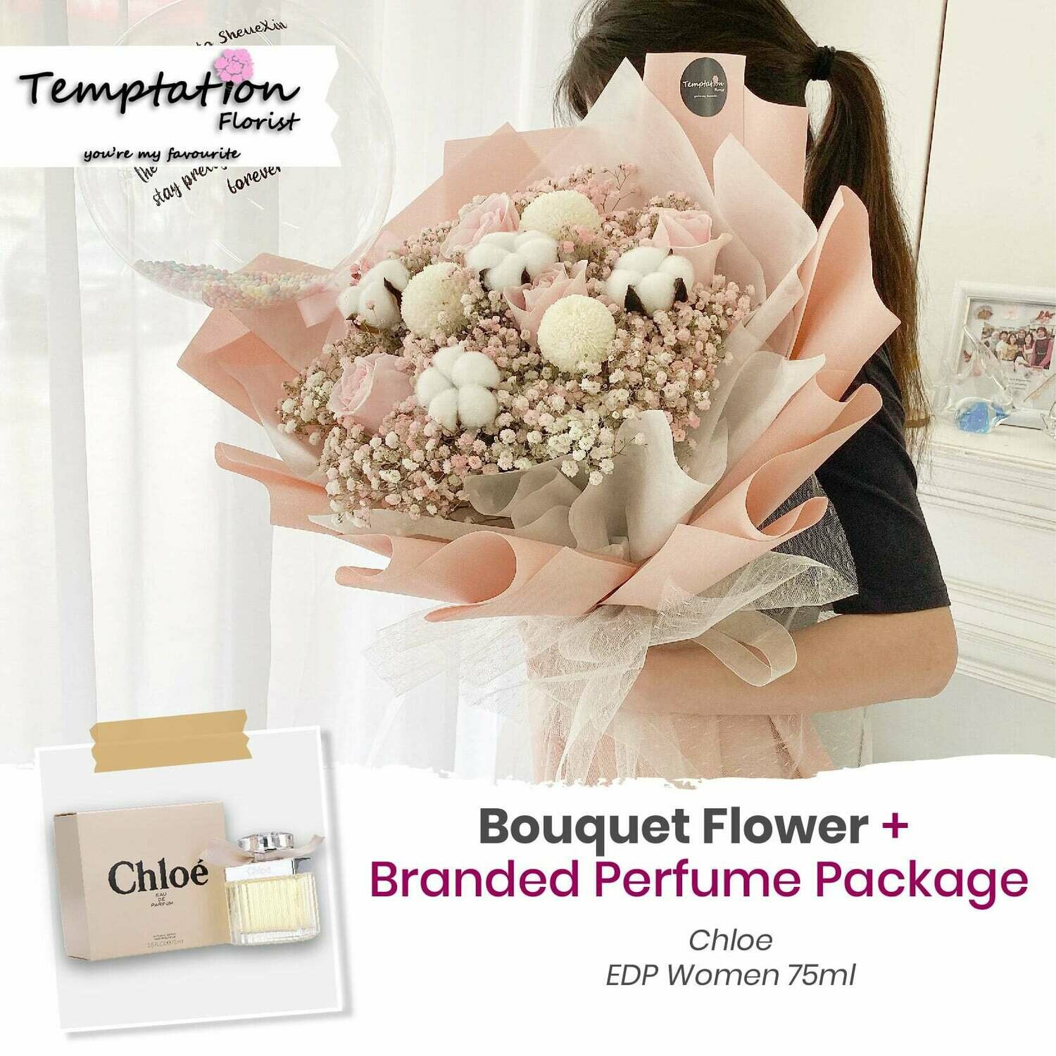 Temptation Florist Snowie Bouquet+ Branded Perfume Package (Free Shipping! Only Deliver in Seremban)