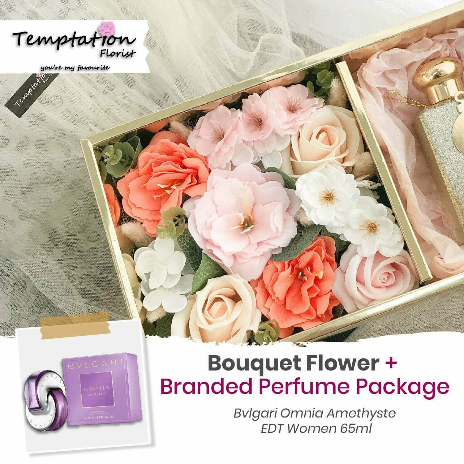 Temptation Florist Catre Flower Box + Branded Perfume Package (Free Shipping! Only Deliver in Seremban)