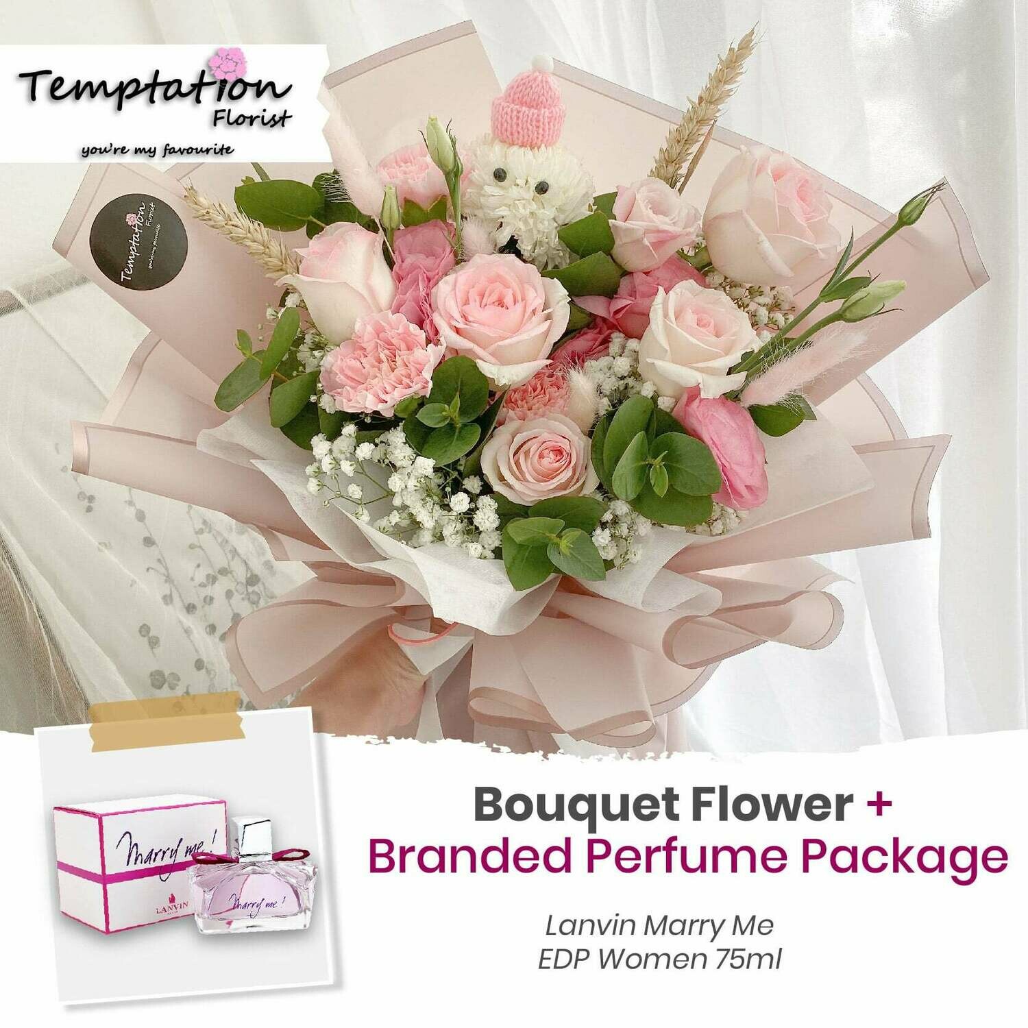 Temptation Florist Katie Bouquet + Branded Perfume Package (Free Shipping! Only Deliver in Seremban)
