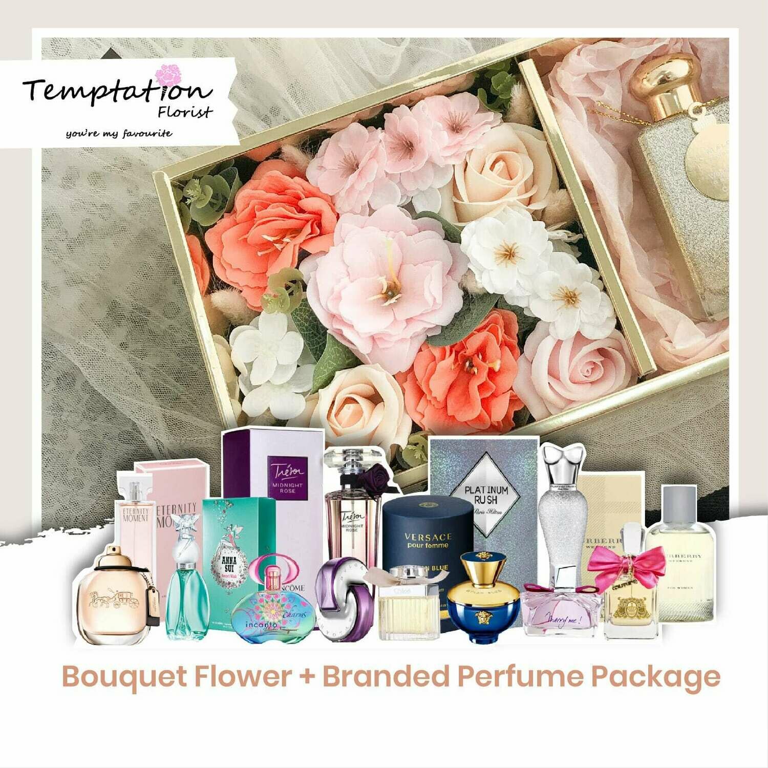 Temptation Florist Catre Flower Box + Branded Perfume Package (Free Shipping! Only Deliver in Seremban)