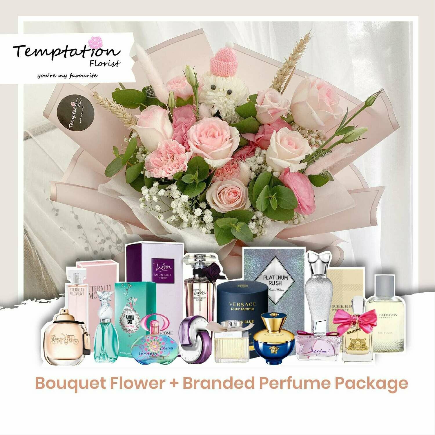 Temptation Florist Katie Bouquet + Branded Perfume Package (Free Shipping! Only Deliver in Seremban)