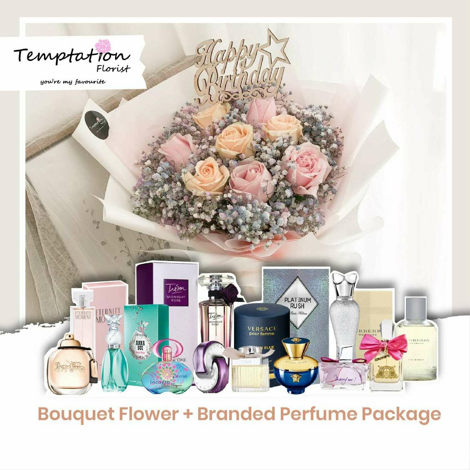 Temptation Florist Sweetheart Bouquet + Branded Perfume Package (Free Shipping! Only Deliver in Seremban)