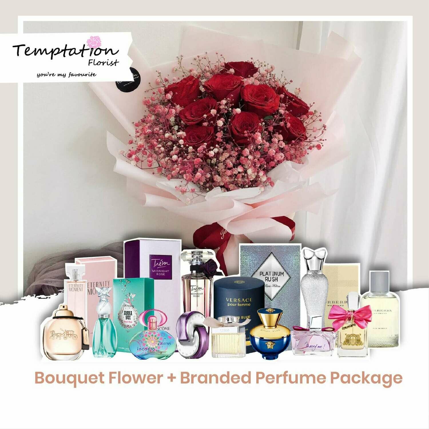 Temptation Florist Sonia Bouquet + Branded Perfume Package (Free Shipping! Only Deliver in Seremban)