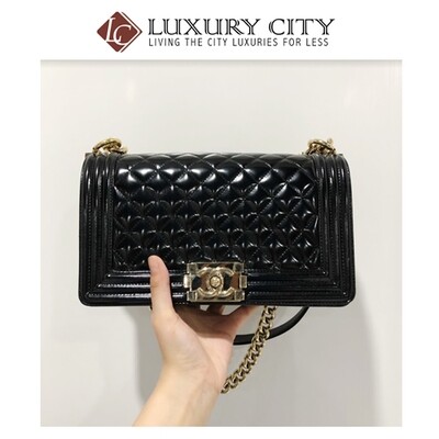 [Luxury City] Pre-Loved Chanel Leboy Medium Size,Black Patent Leather