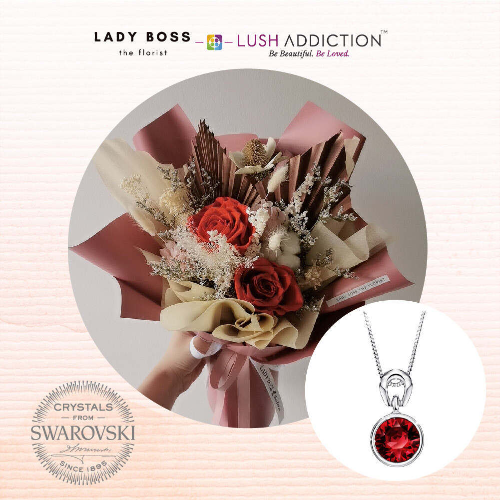 Preserved Dry Bouquet + Lush Solitaire Birthstone Necklace Bundle Deal (By: Lady Boss the Florist from JB)