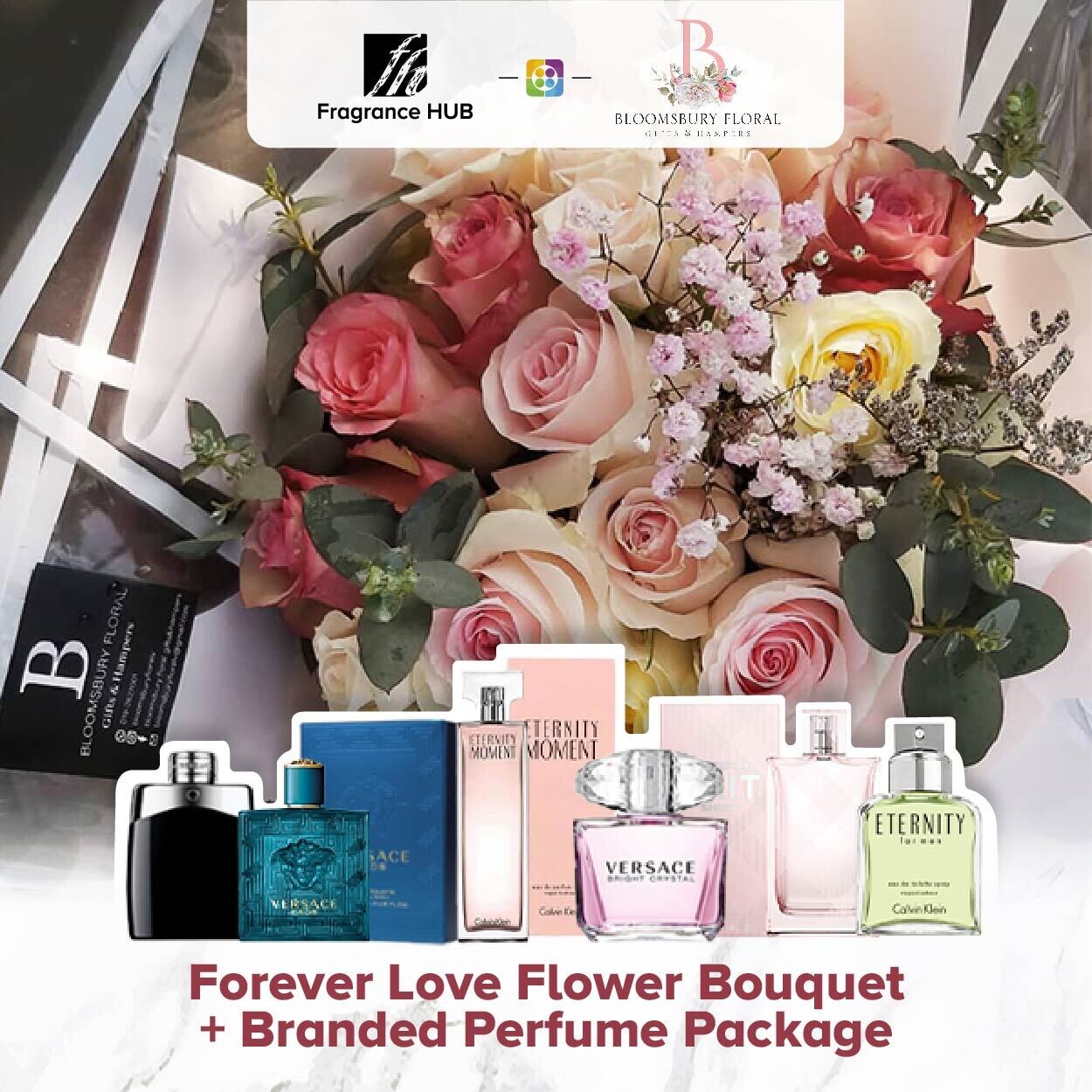 Forever Love Flower Bouquet + Fragrance Hub Branded Perfume (By: Bloomsbury from Puchong)