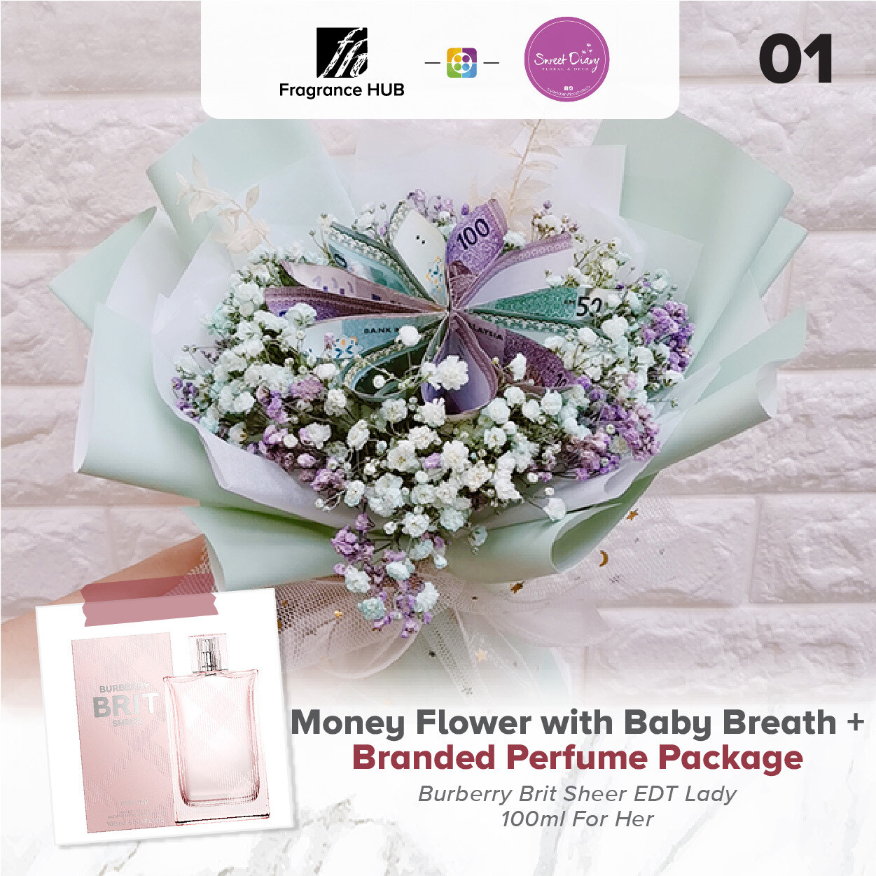 Money Flower and Baby Breath + Fragrance Hub Branded Perfume (By: Sweet Diary from Puchong)