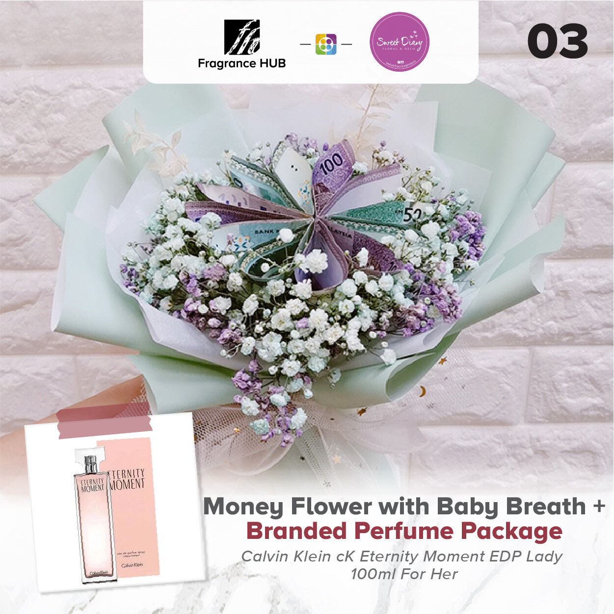 Money Flower and Baby Breath + Fragrance Hub Branded Perfume (By: Sweet Diary from Puchong)