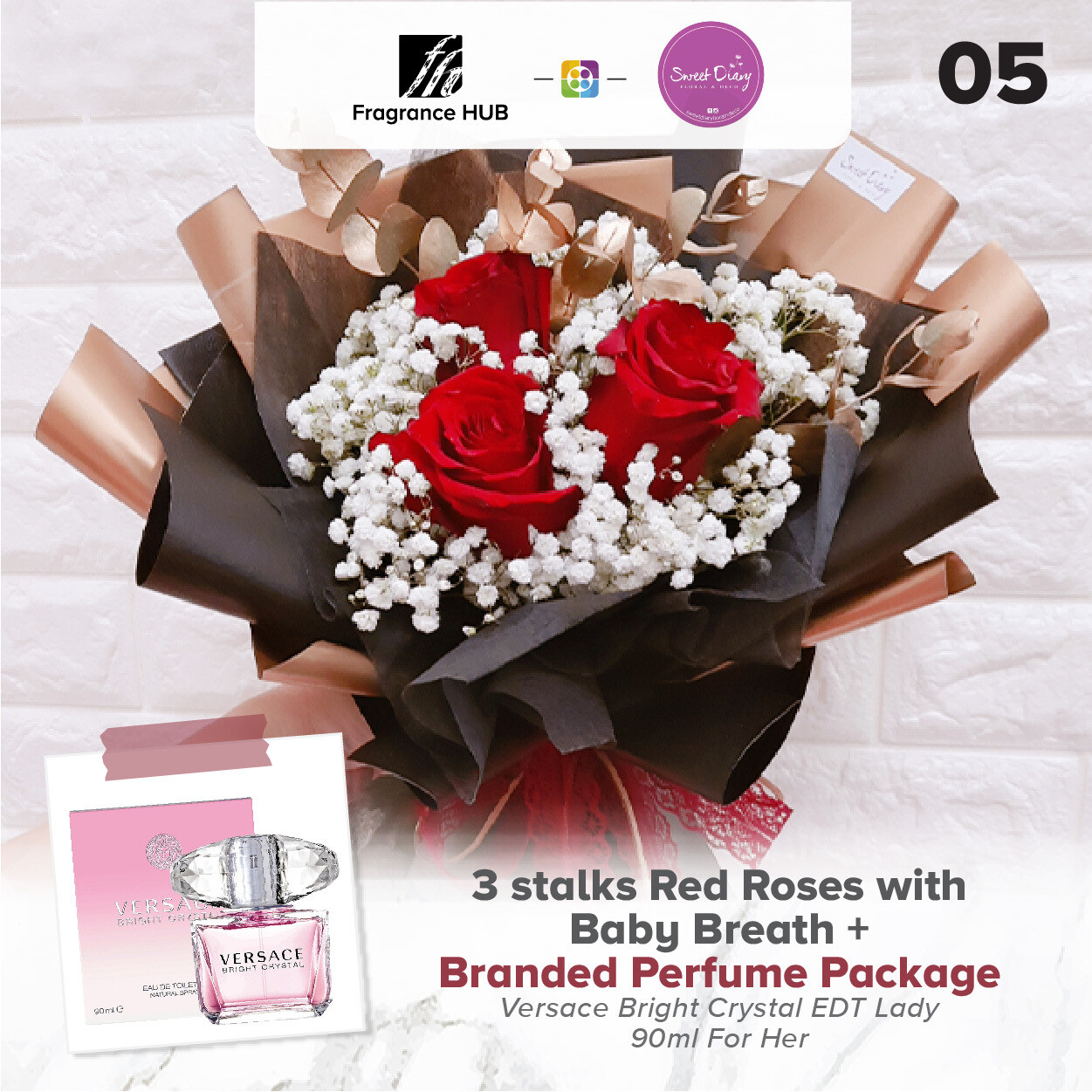 3 stalks Red Roses with Baby Breath + Fragrance Hub Branded Perfume (By: Sweet Diary from Puchong)