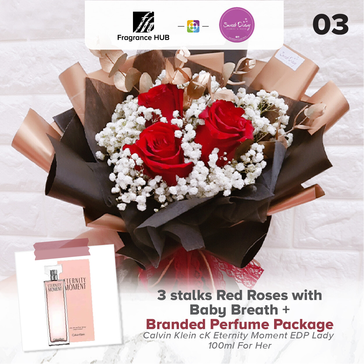 3 stalks Red Roses with Baby Breath + Fragrance Hub Branded Perfume (By: Sweet Diary from Puchong)