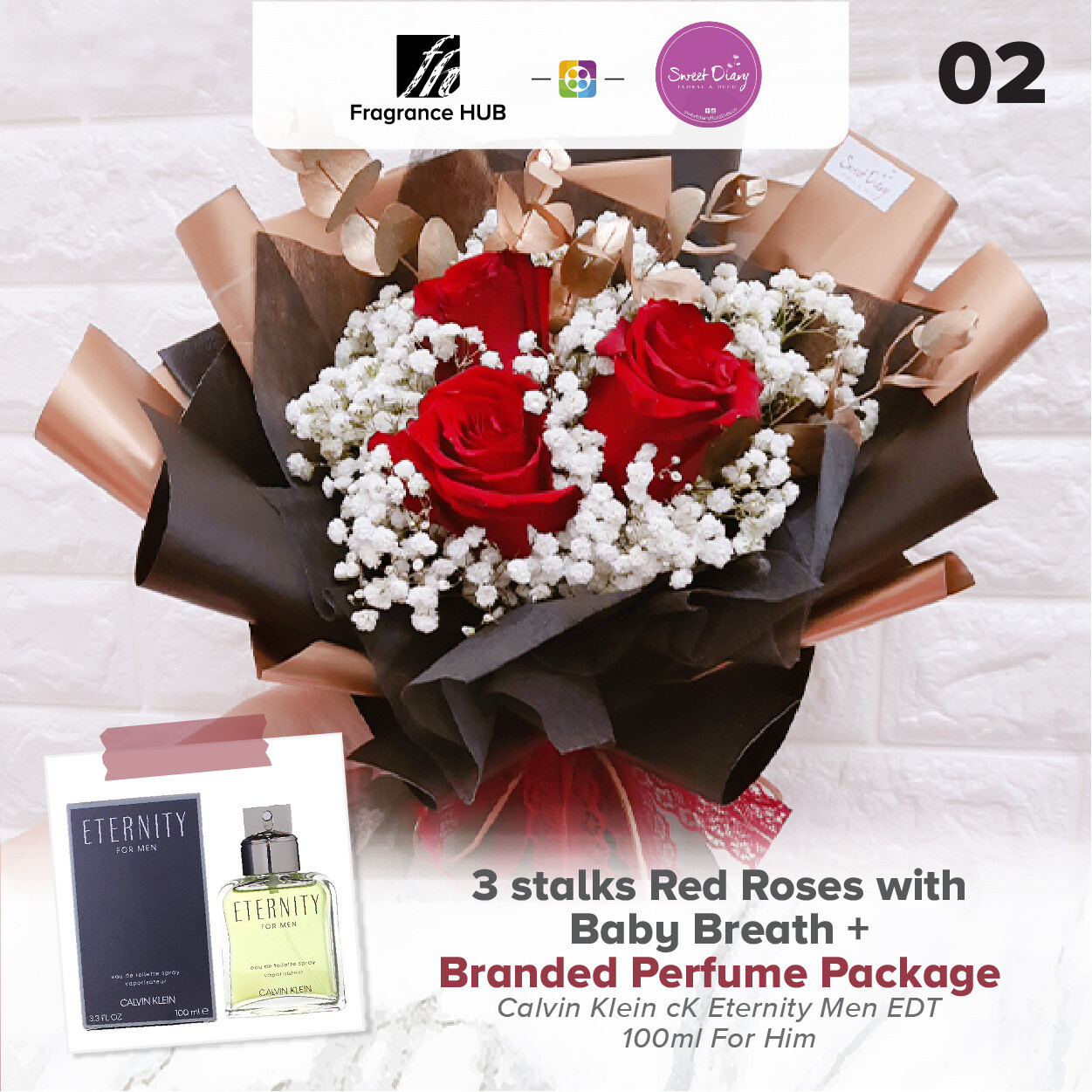 3 stalks Red Roses with Baby Breath + Fragrance Hub Branded Perfume (By: Sweet Diary from Puchong)