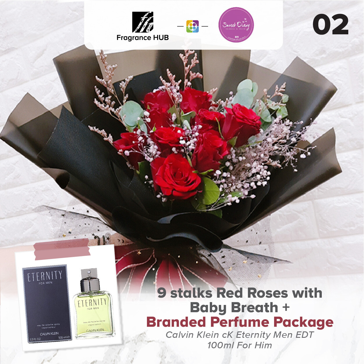 9 stalks Red Roses with Baby Breath + Fragrance Hub Branded Perfume (By: Sweet Diary from Puchong)